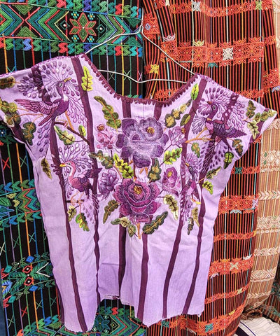 Lilac Santiago huipil with flowers and birds