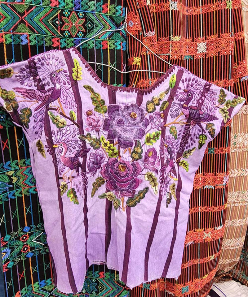 Lilac Santiago huipil with flowers and birds