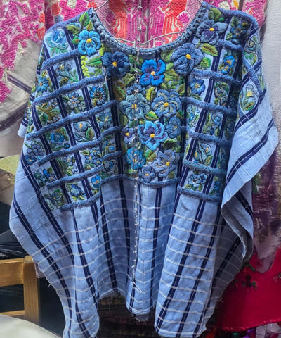 Blue Santiago huipil and pink tzute for Anne