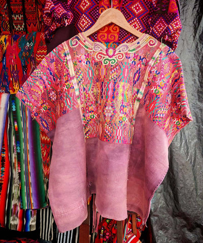 Mauve Chichi huipil with parrots geometric pattern