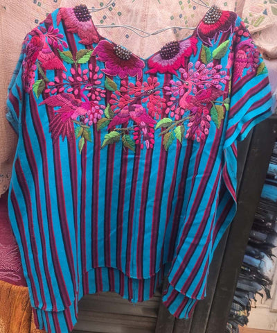 Blue and pink Santiago huipil with peacocks for Gwena