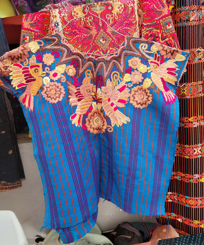 Striped blue Chichi huipil with stylised birds (reserved for Kristin)