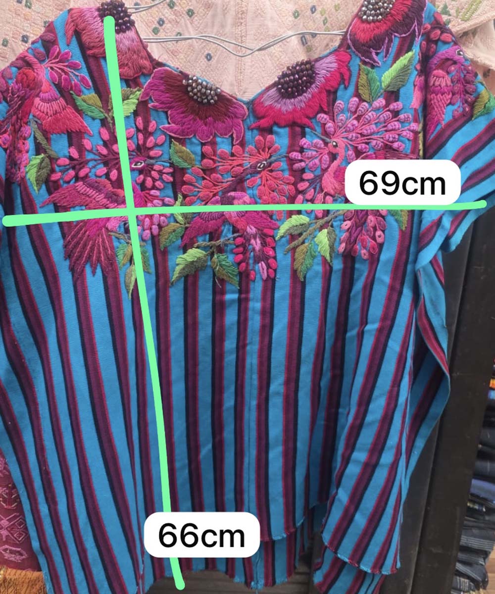 Huipil de Santiago azul y rosa con pavos reales para Gwena