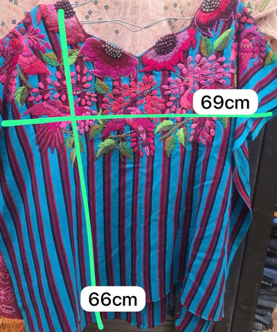 Blue and pink Santiago huipil with peacocks for Gwena