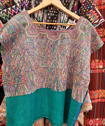 Green and pink Nebaj huipil