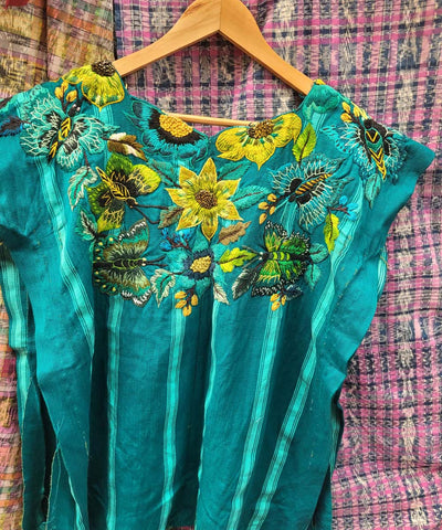 Turquoise striped floral Santiago huipil