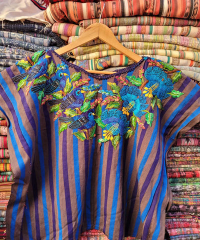 Striped Santiago huipil with bluebirds