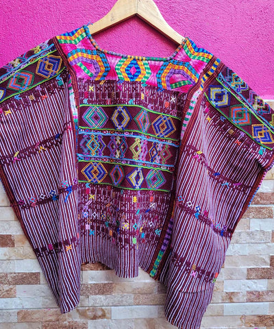 Burgundy Colotenango huipil with elaborate neckline
