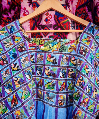 Blue Santiago huipil with tiny birds