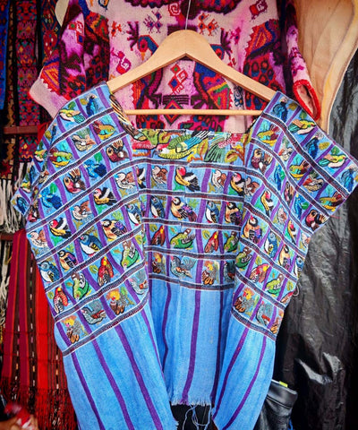 Blue Santiago huipil with tiny birds