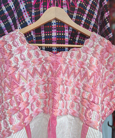 Pink and white chevron huipil