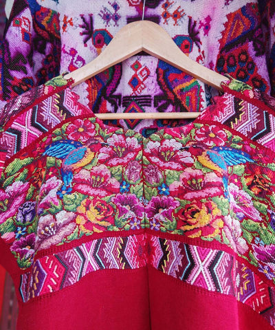 Red Santiago huipil with hummingbirds