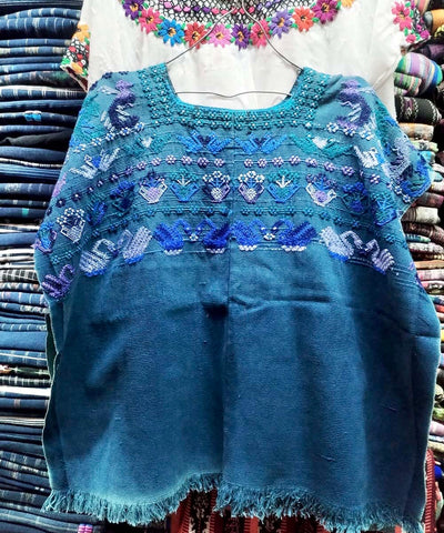Bright teal San Lucas Toliman huipil