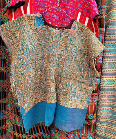 Blue and coral Nebaj huipil