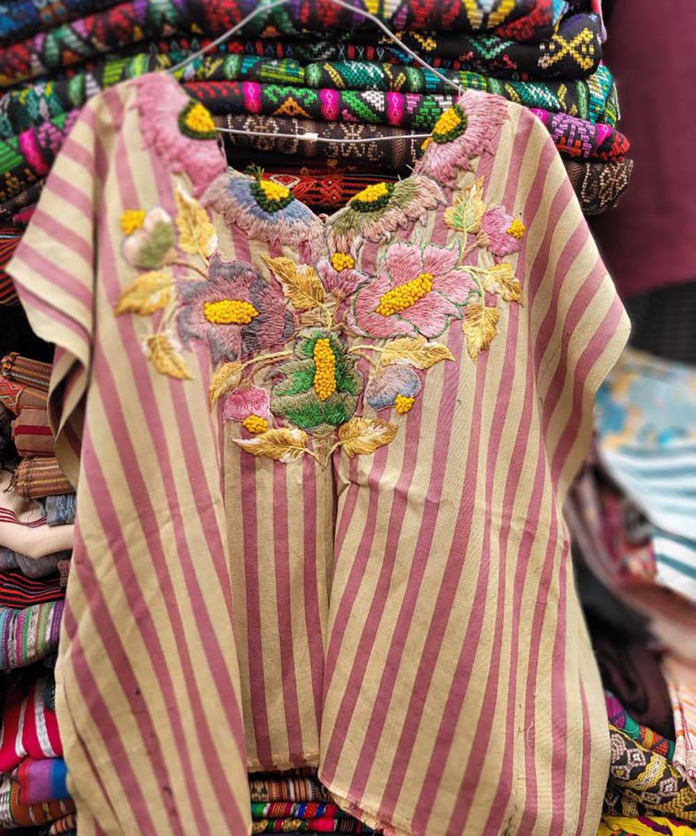 Pink and primrose striped Santiago huipil