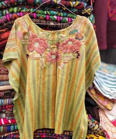 Striped Santiago huipil with pink flowers