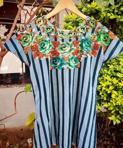Blue Santiago huipil with green roses
