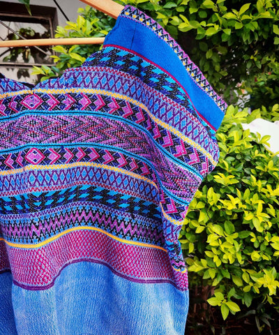 Blue and pink Comalapa huipil