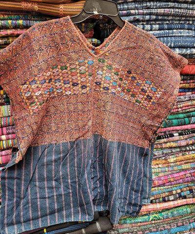 Beige and indigo Xejuyub huipil