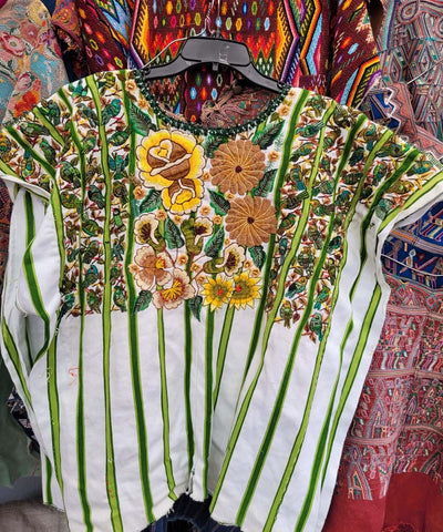 Green and white striped Santiago huipil