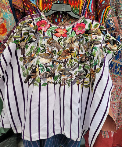 Black and white striped Santiago huipil  with birds
