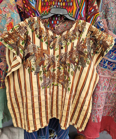 Cream and brown striped Santiago huipil with birds