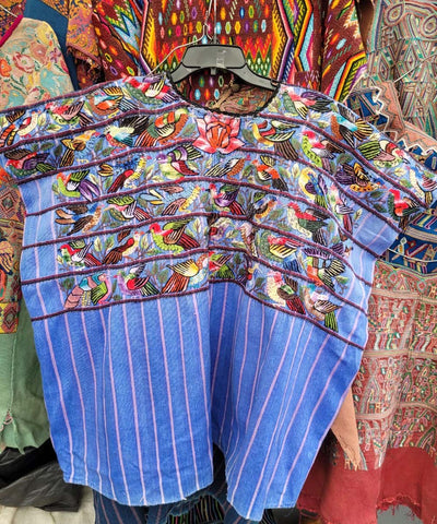 Blue striped Santiago huipil with birds