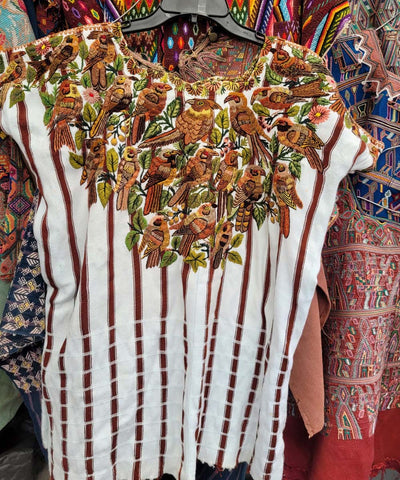 Brown and white striped Santiago huipil with birds