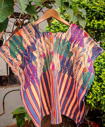 Purple and yellow Sacatapequez huipil