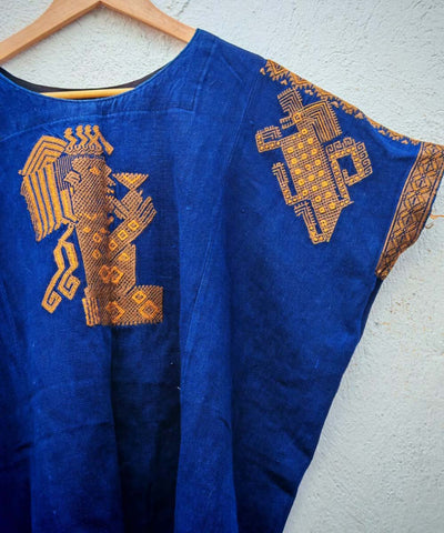 Indigo huipil with ceremonial Mayan