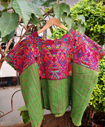 Pink and green striped Chichi huipil