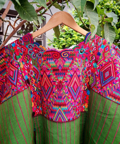Pink and green striped Chichi huipil