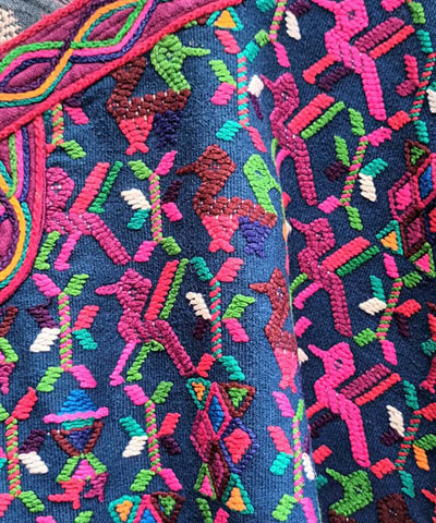 Blue and pink Nebaj huipil with birds