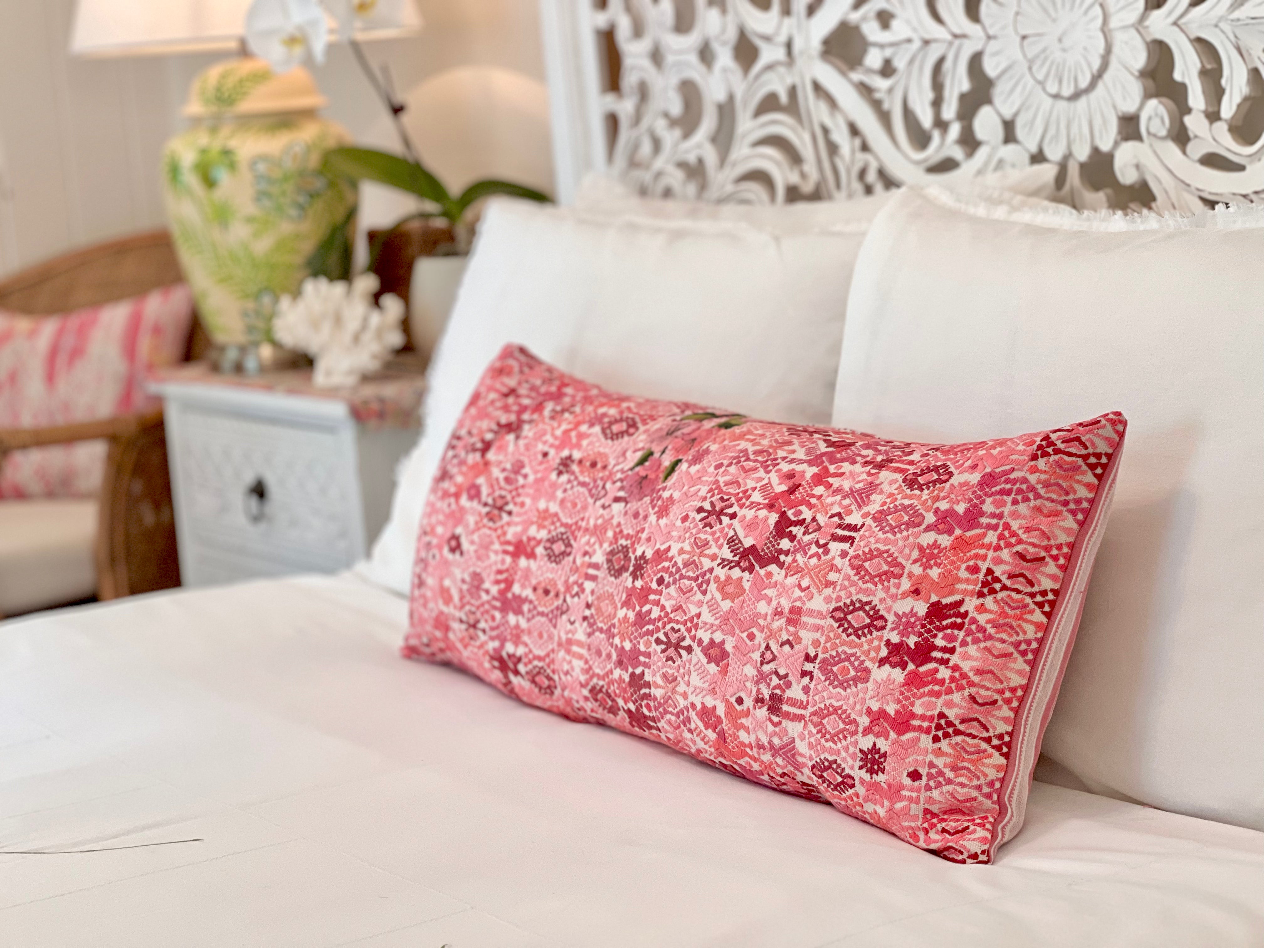 Pink Coban long lumbar pillow with flowers