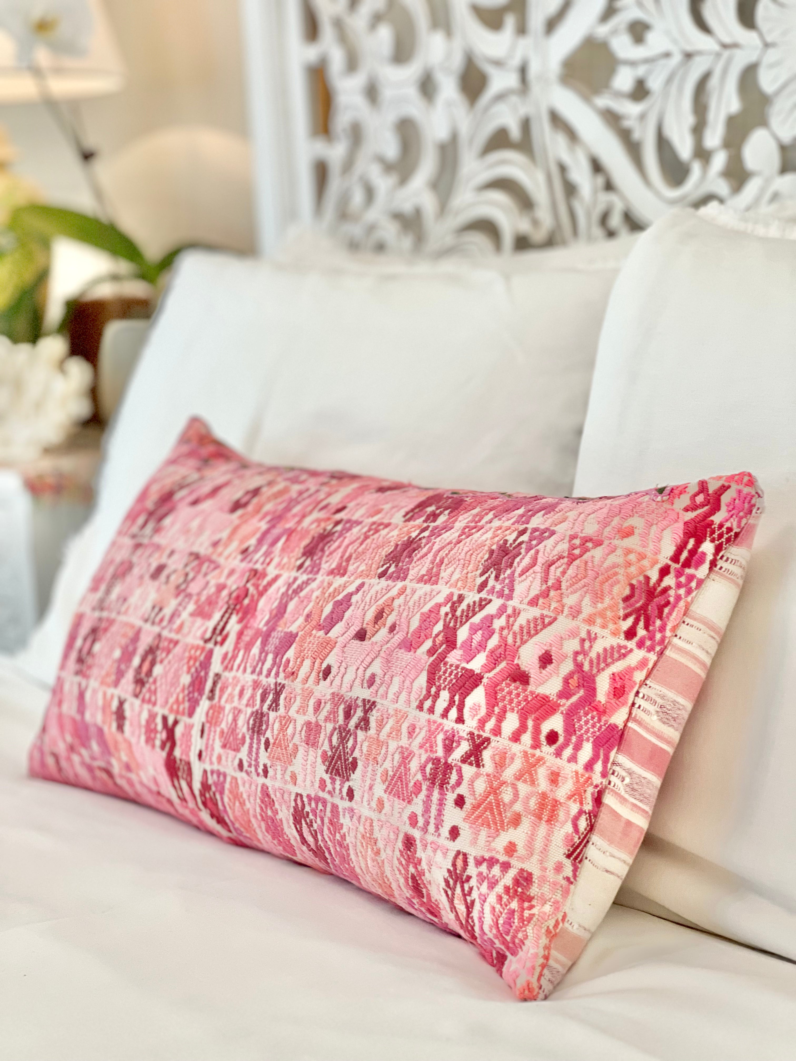 Pink Coban lumbar pillow with flowers