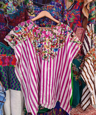 Pink & White Santiago huipil with flowers and birds