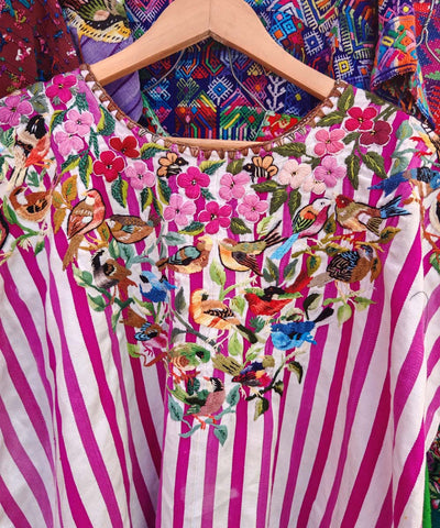 Pink & White Santiago huipil with flowers and birds