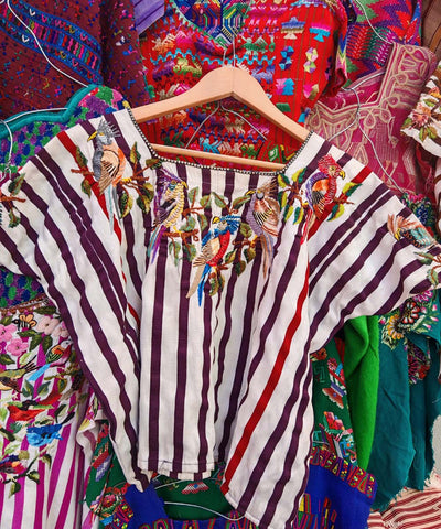 Burgundy & White Santiago huipil with birds