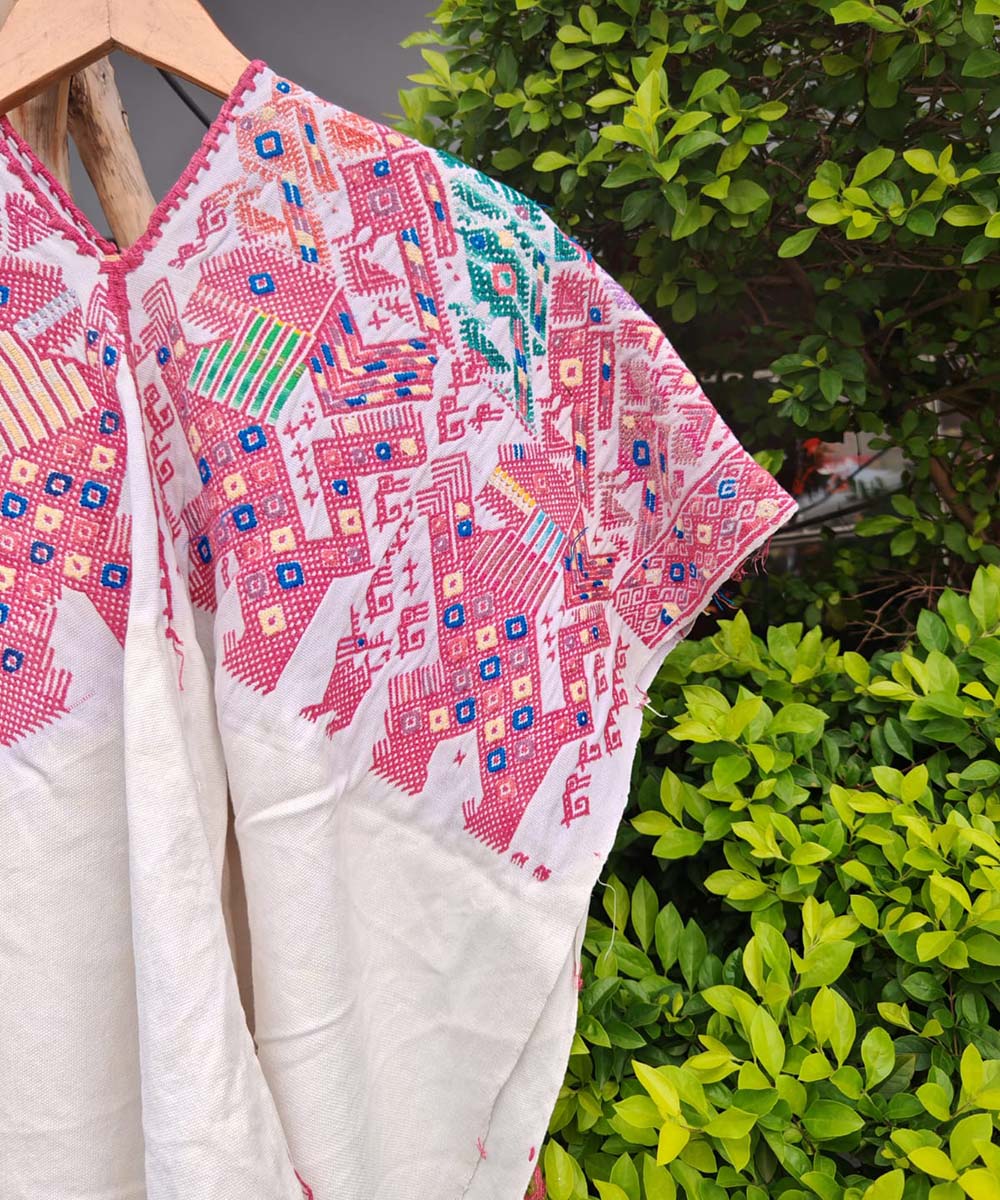 Pink and White Nahuala Huipil with Lions