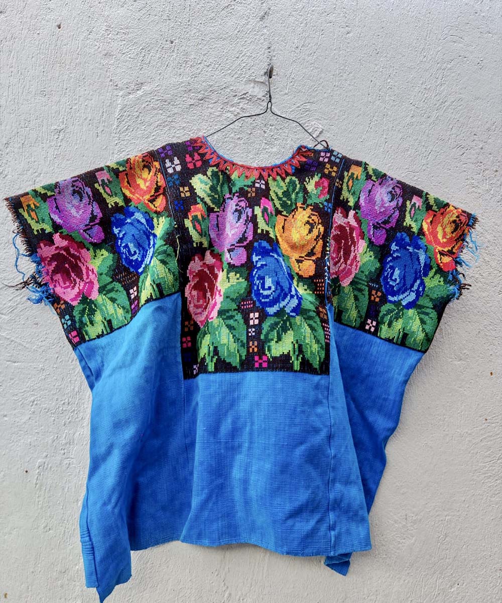 Bright Blue Chichi Huipil with Roses