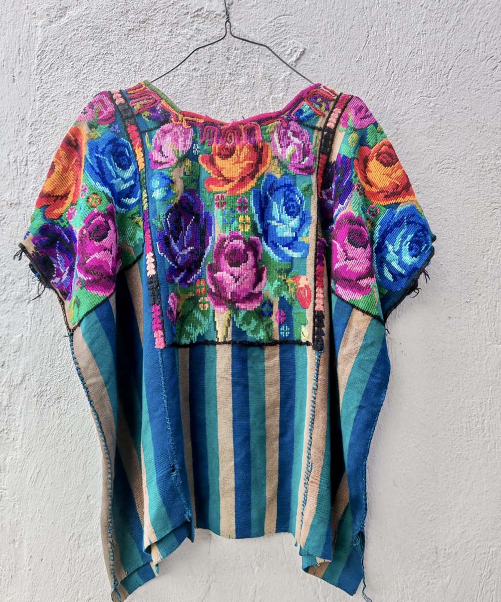 Blue Striped Chichi Huipil with Roses
