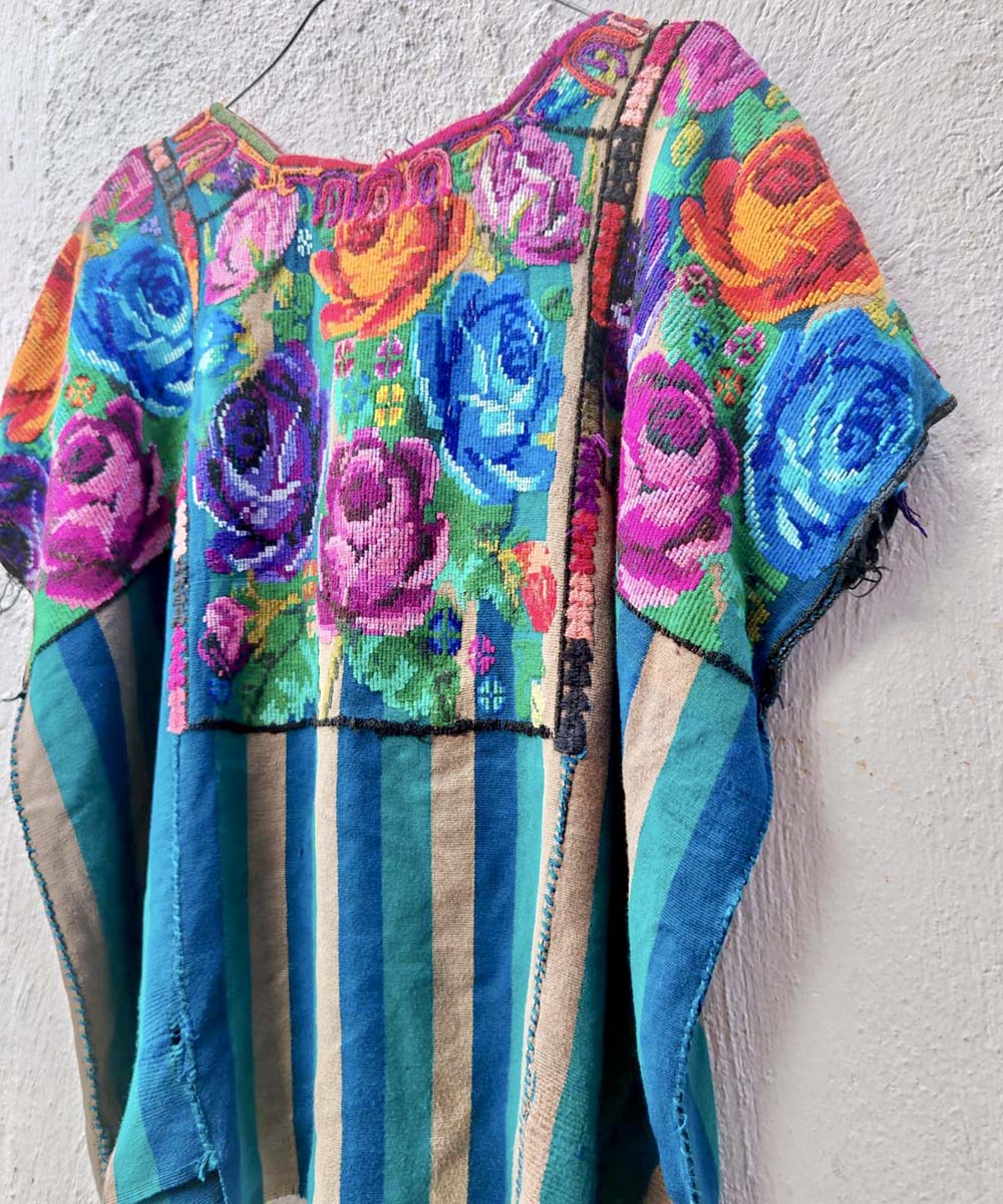 Blue Striped Chichi Huipil with Roses