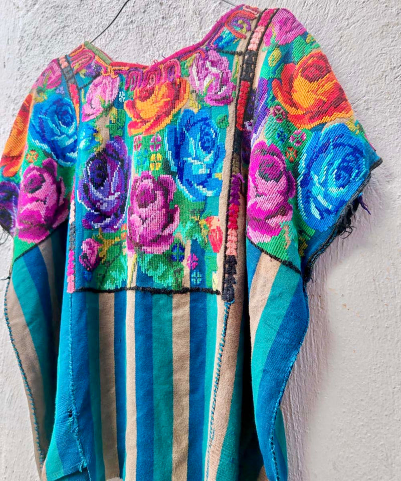 Blue Striped Chichi Huipil with Roses