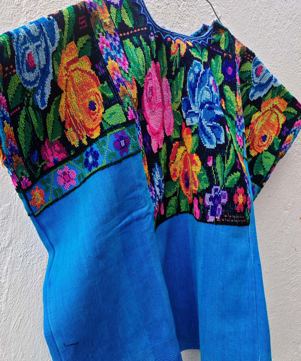 Bright Blue Chichi Huipil with Roses