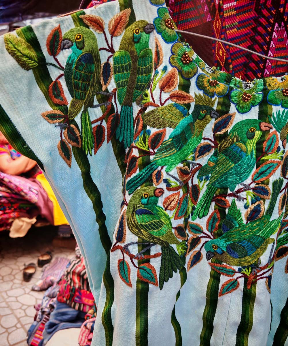 Santiago huipil with green parrots