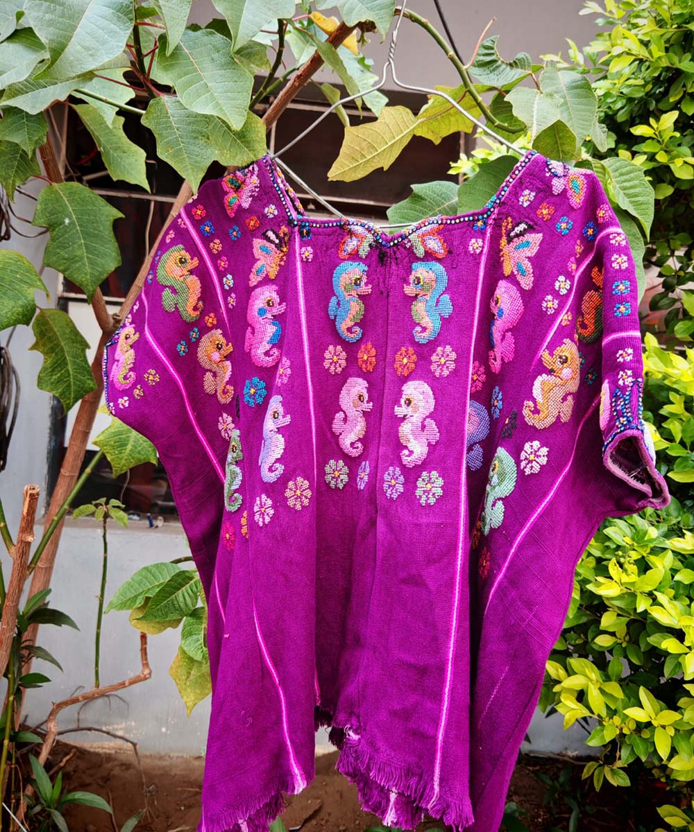 Fuchsia huipil with seahorses