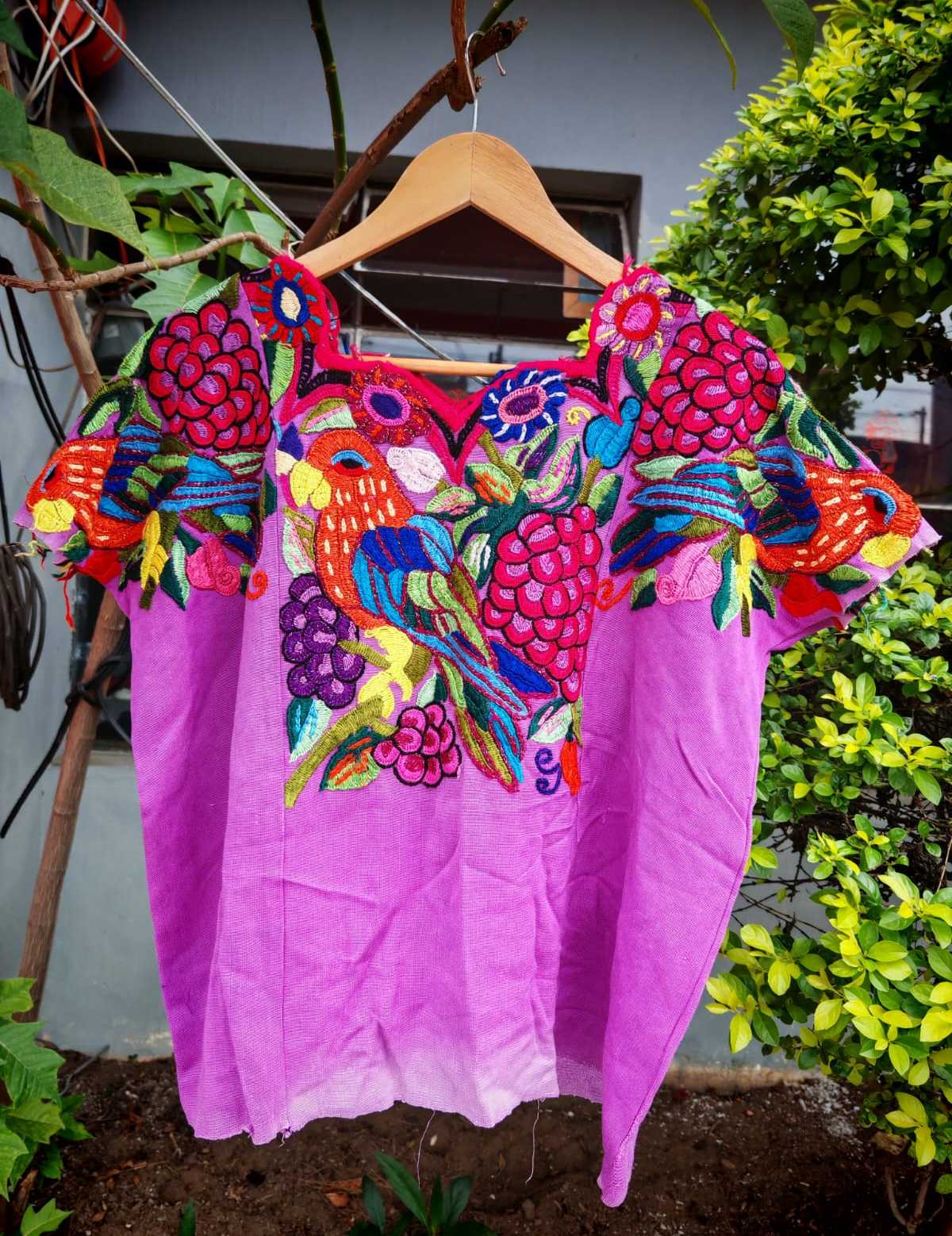 Oversized Parrots on Fuchsia Chichicastenango Huipil #6-279