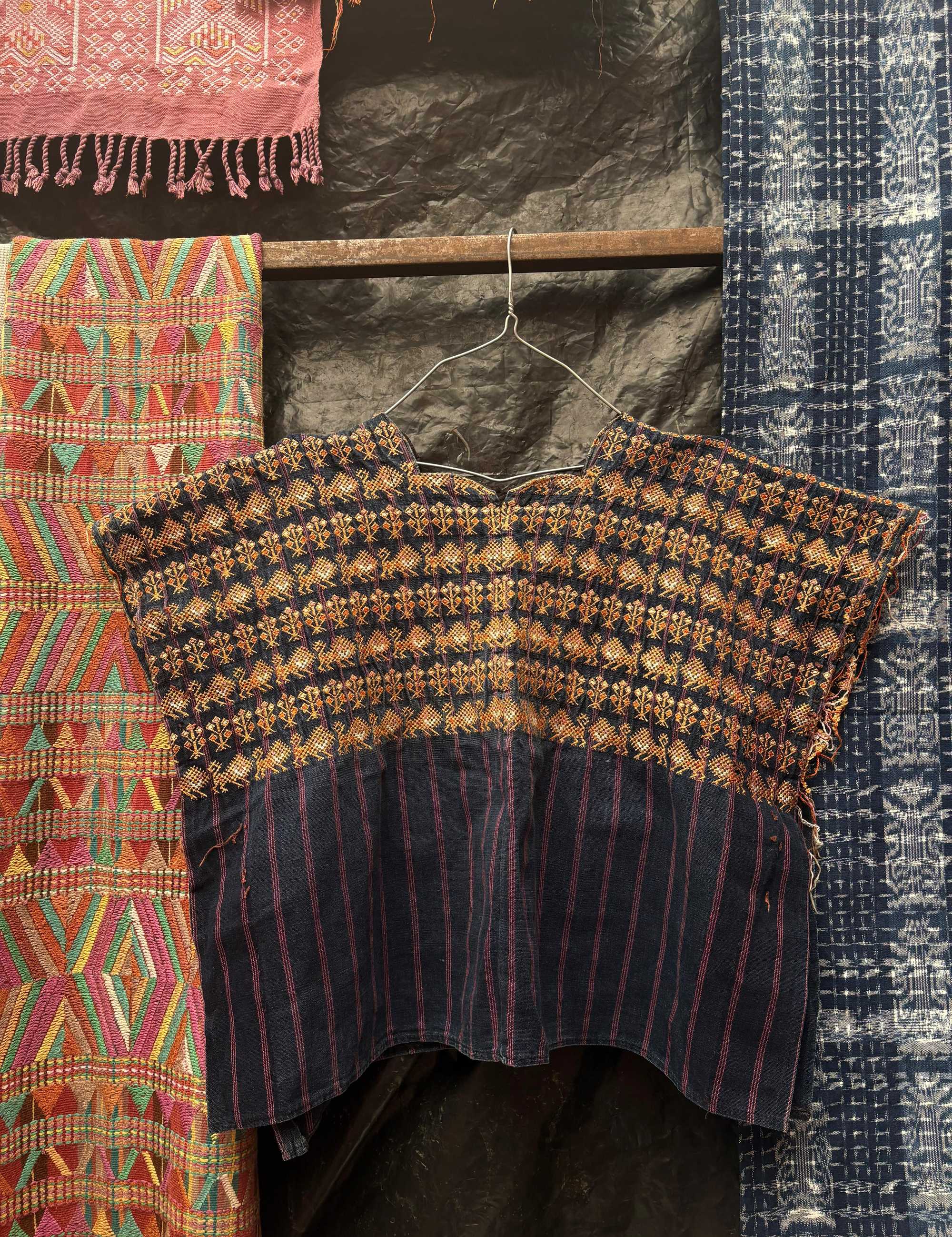 Dark indigo with lions and corn Nahuala huipil #4-109