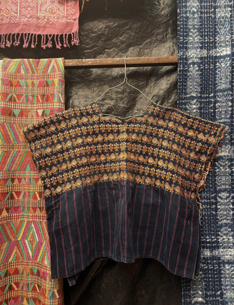 Dark indigo with lions and corn Nahuala huipil #4-109