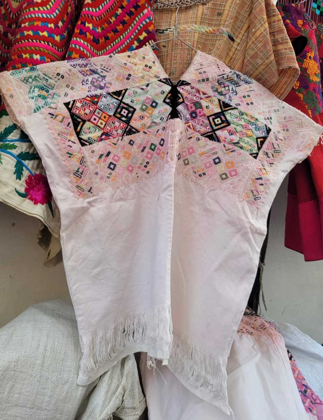 Colourful pale pink and white Nahuala huipil #2-109